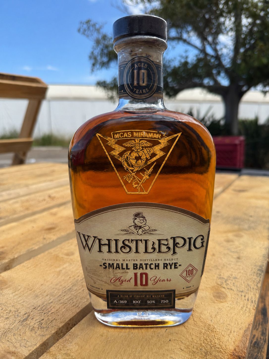 WhistlePig 10 Year rye engraved with the MCAS Miramar squadron insignia